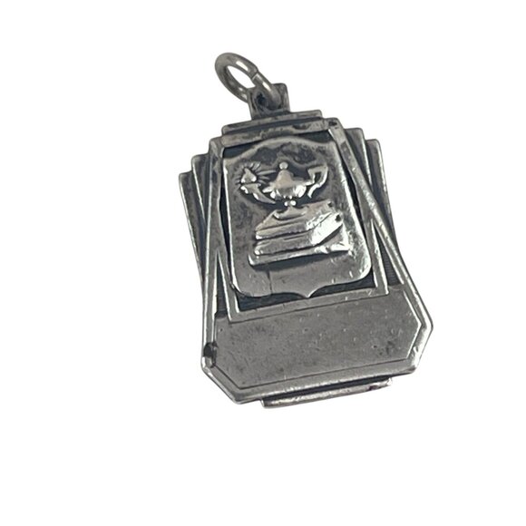 Art Deco Antique Lamp of Knowledge Sterling Silver Scholarly Stack Charm Pendant - Picture 3 of 10
